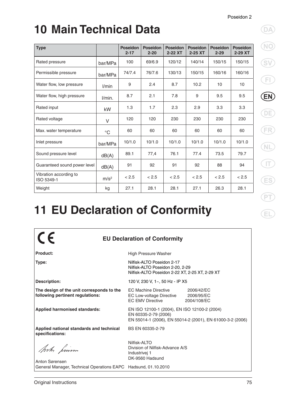 10 main technical data, 11 eu declaration of conformity, Eu declaration of conformity | Nilfisk-ALTO POSEIDON 2 User Manual | Page 16 / 18