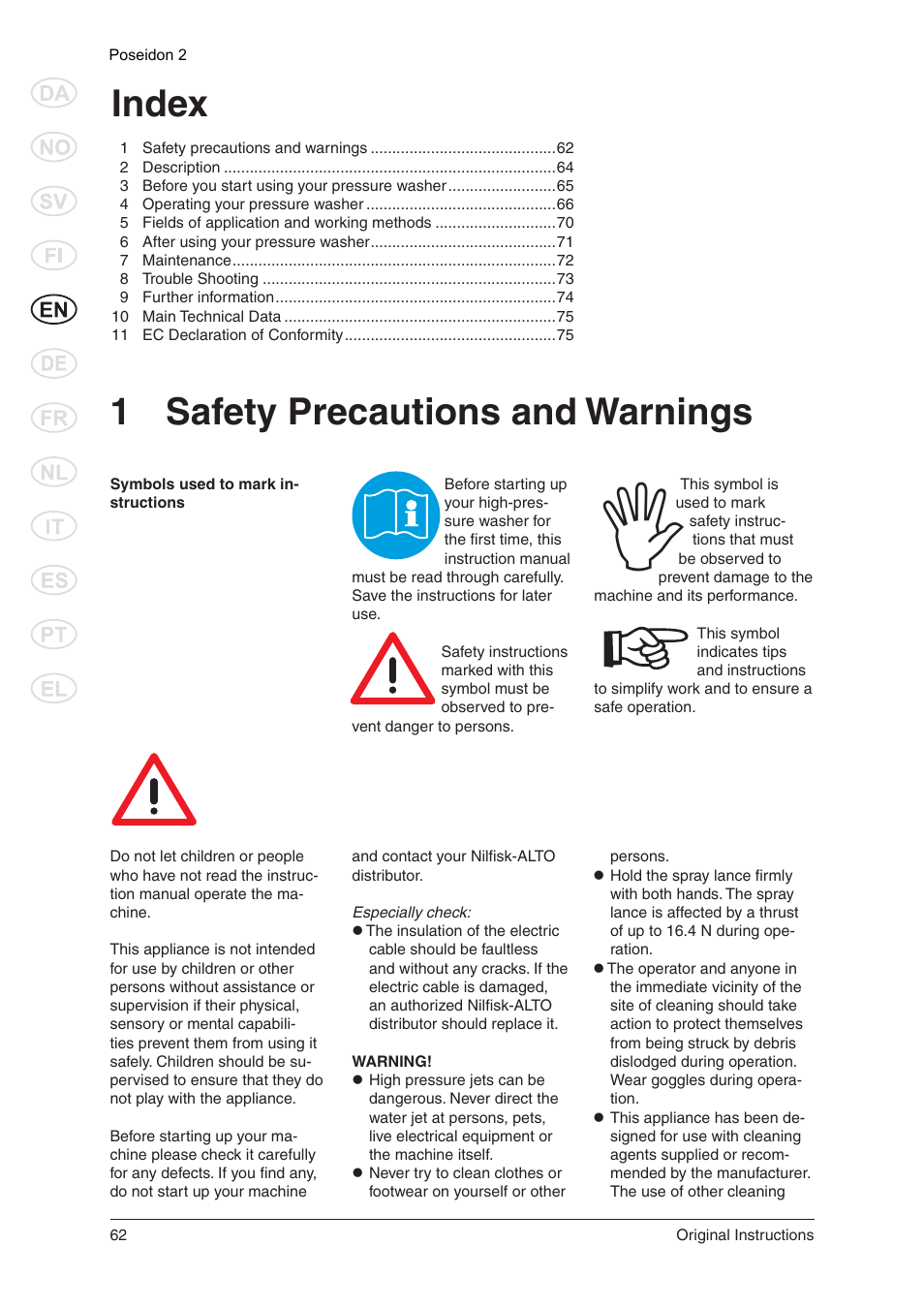 Index, 1 safety precautions and warnings | Nilfisk-ALTO POSEIDON 2 User Manual | Page 3 / 18
