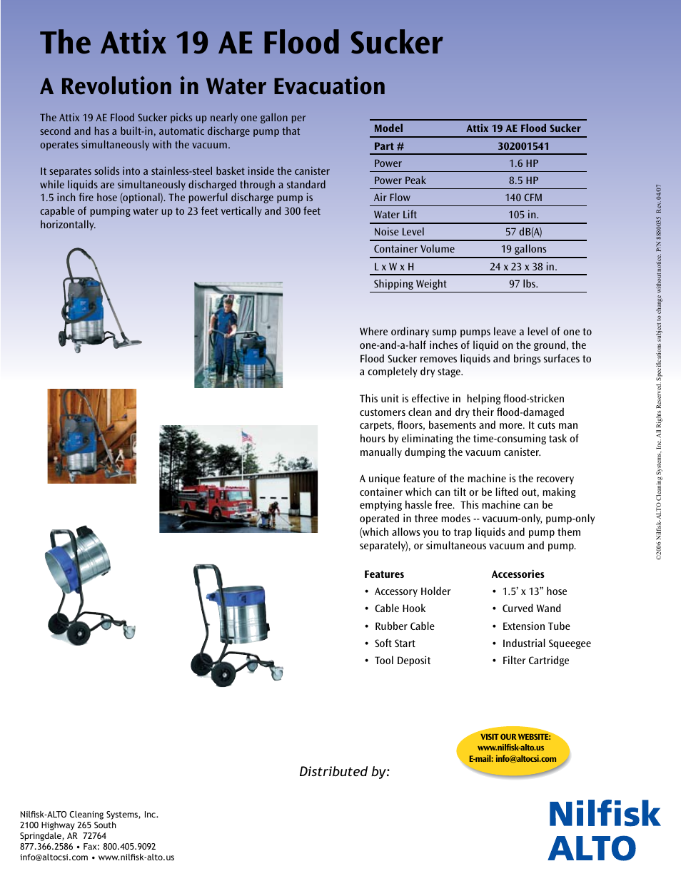 The attix 19 ae flood sucker, A revolution in water evacuation | Nilfisk-ALTO Flood Sucker Attix 19AE User Manual | Page 2 / 2