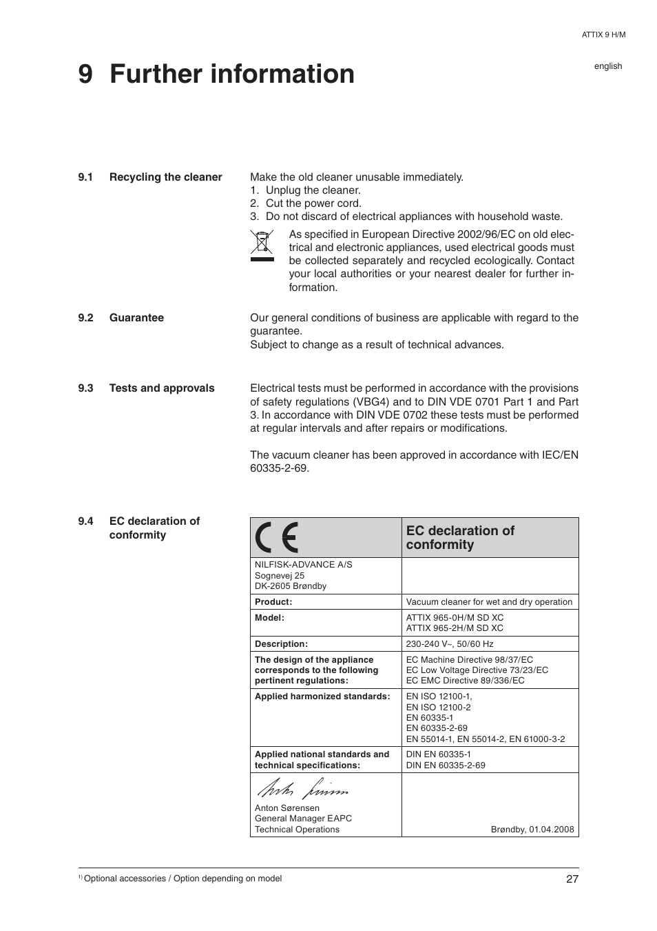 9 further information, Ec declaration of conformity | Nilfisk-ALTO ATTIX 965-0H/M SD XC User Manual | Page 28 / 30