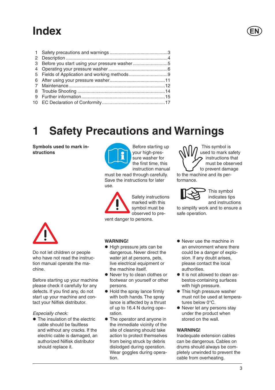 Index, 1 safety precautions and warnings | Nilfisk-ALTO C 120.4 User Manual | Page 2 / 18