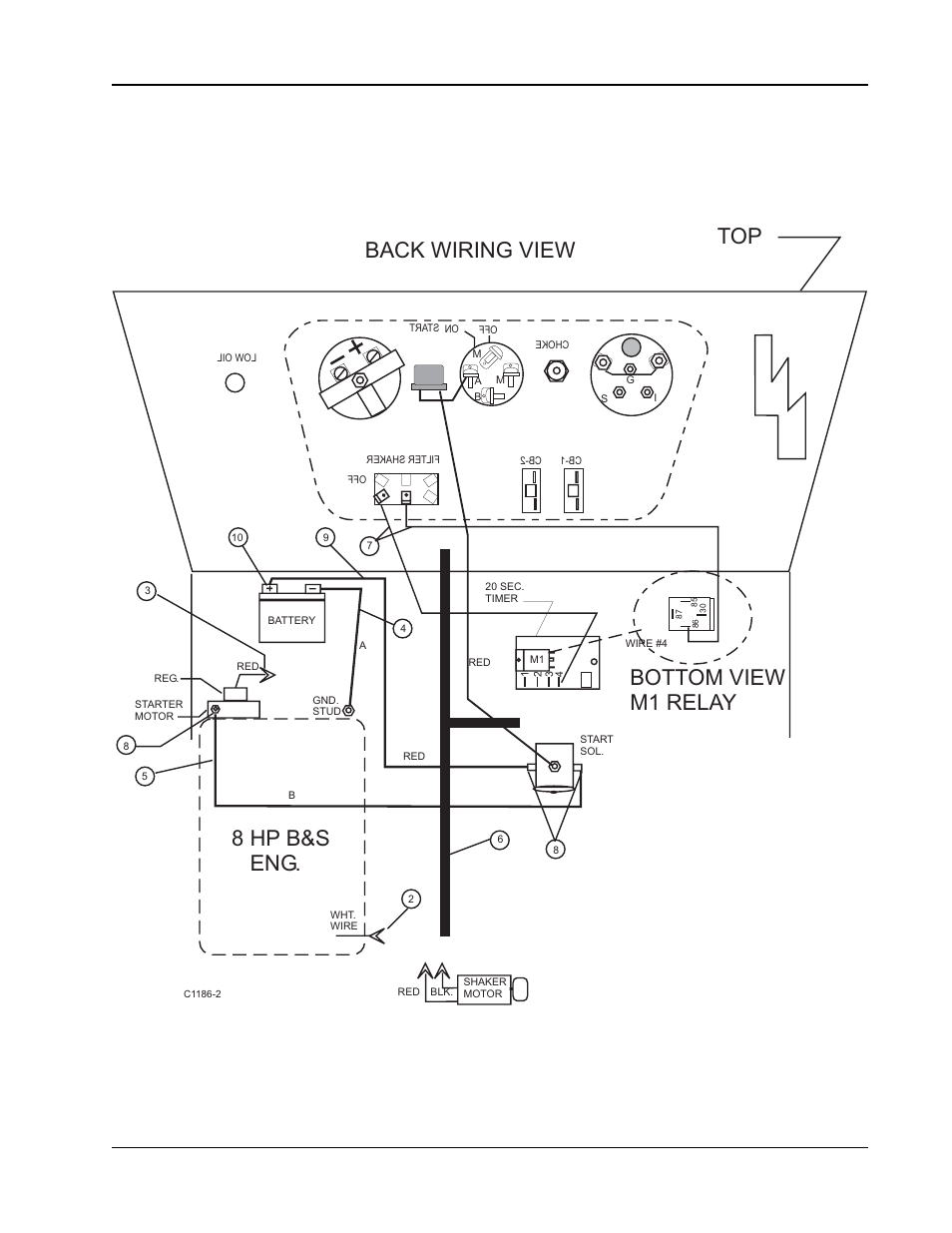 Back wiring view top, Bottom view m1 relay 8 hp b&s eng, Electrical assembly (gas) - exploded view | Nilfisk-ALTO 91WS User Manual | Page 76 / 100