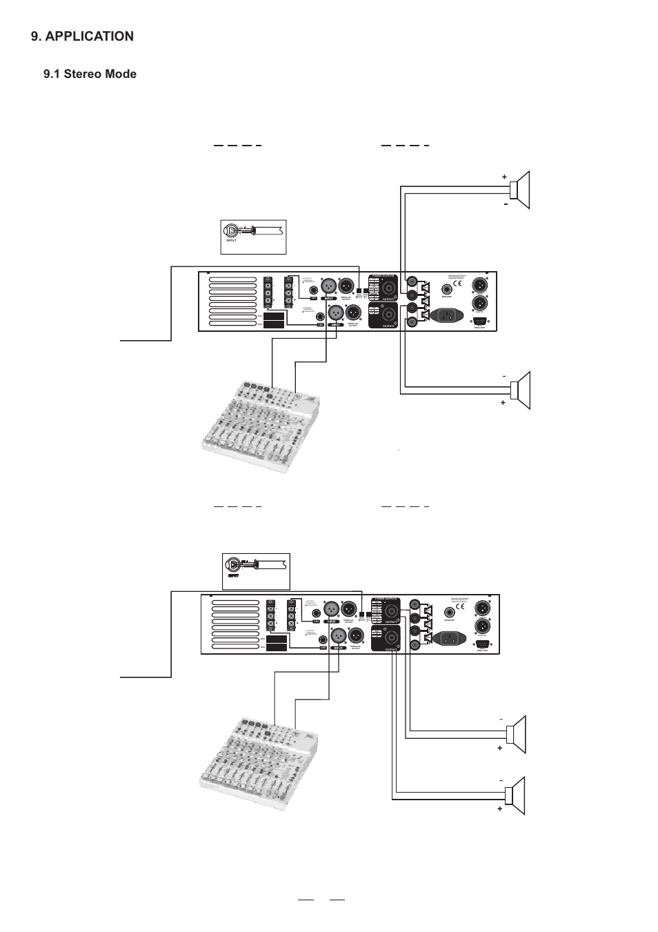 Application, 1 stereo mode, Input connector | Bridge mono, Bridge stereo, Off on, Mode this button release, Channel 2 channel 1, Channel 1, Channel 2 | Nilfisk-ALTO DPA900/1500 User Manual | Page 14 / 20