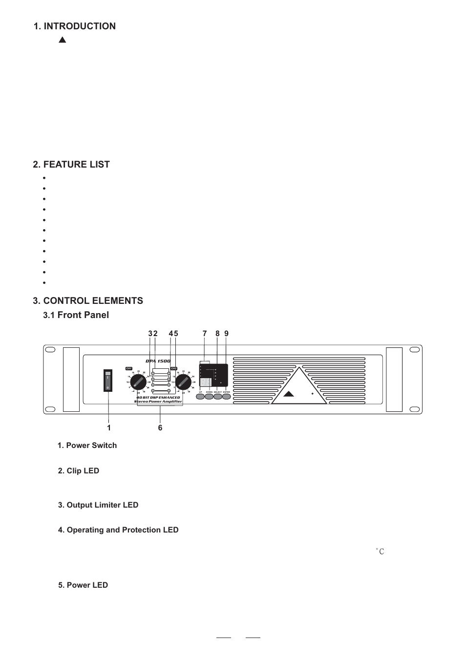 Feature list, Control elements, Front panel | Introduction | Nilfisk-ALTO DPA900/1500 User Manual | Page 5 / 20