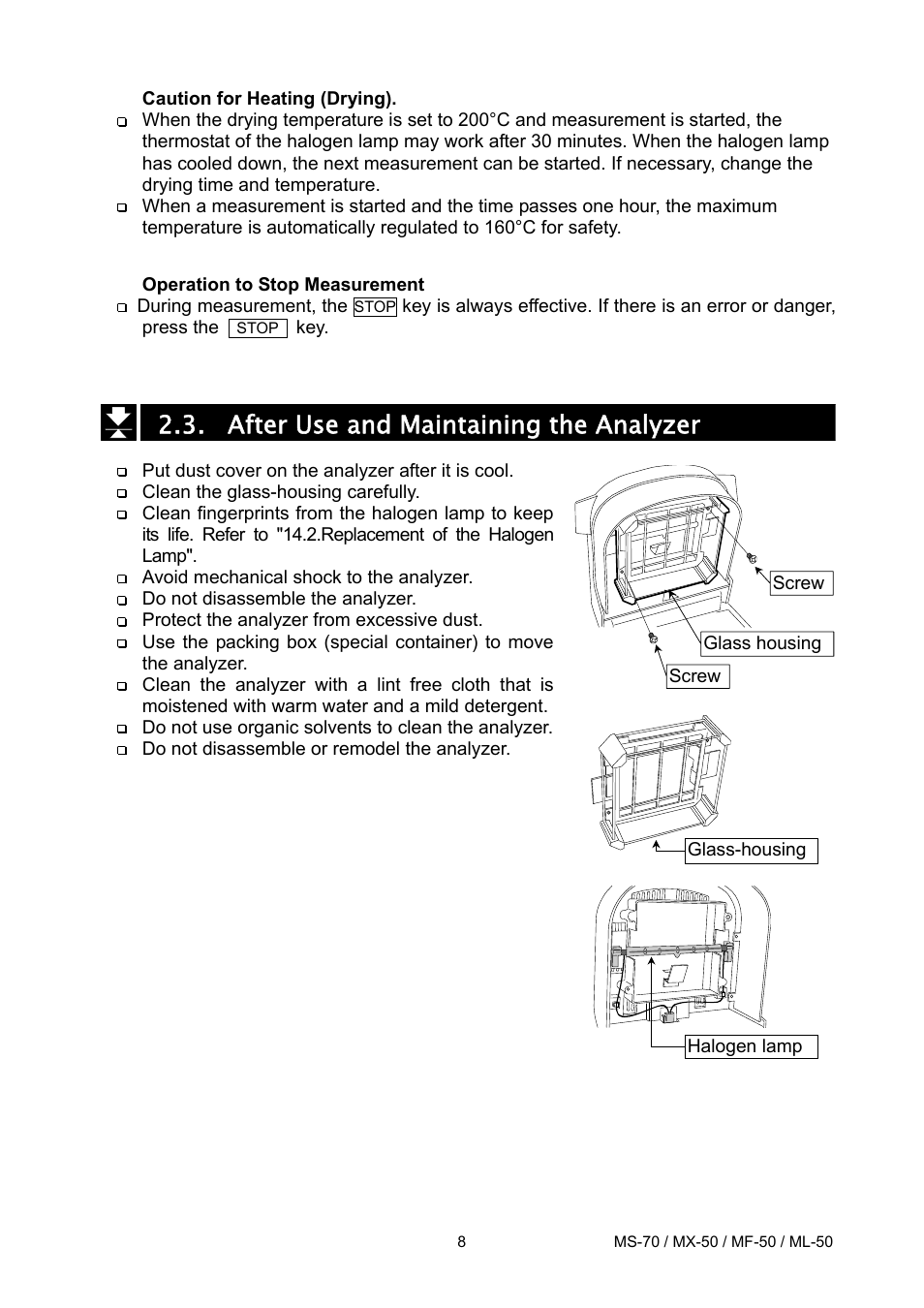 After use and maintaining the analyzer | A&D ML-50 User Manual | Page 10 / 74