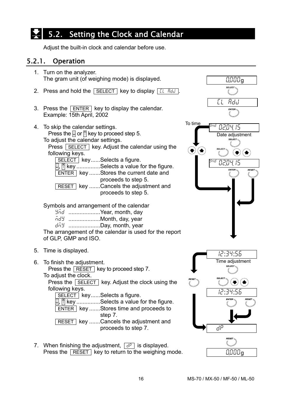 Setting the clock and calendar, Operation, Cl adj | A&D ML-50 User Manual | Page 18 / 74