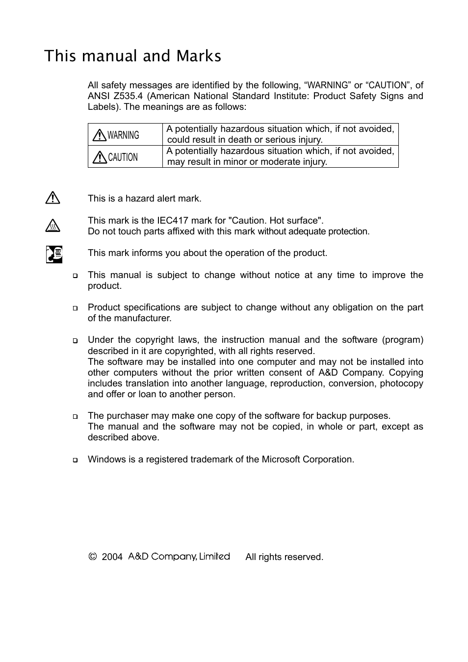 This manual and marks | A&D ML-50 User Manual | Page 2 / 74