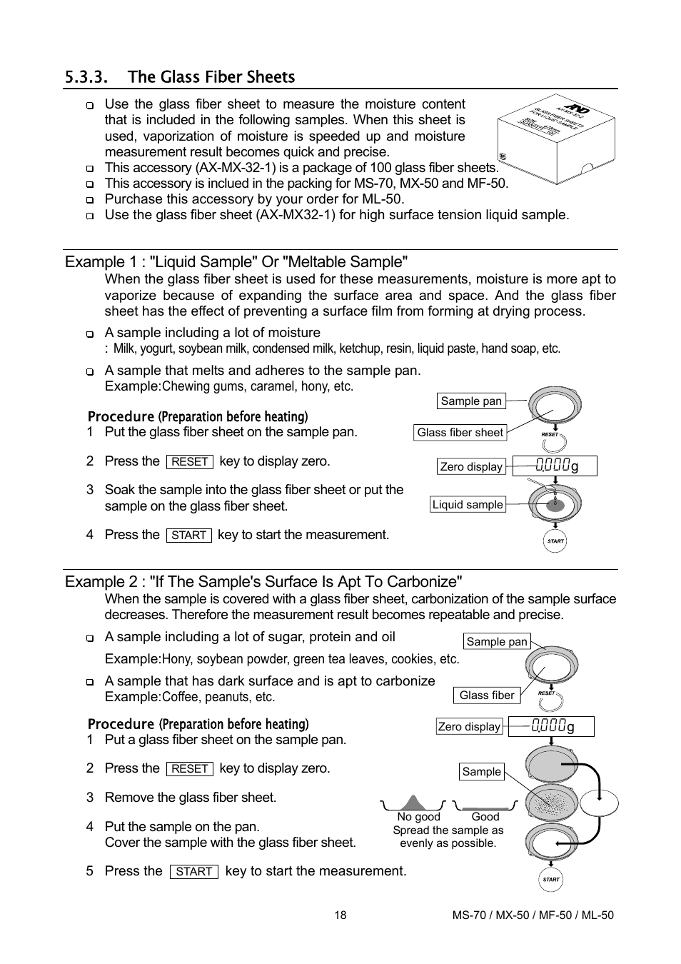 The glass fiber sheets, Example 1 : "liquid sample" or "meltable sample | A&D ML-50 User Manual | Page 20 / 74