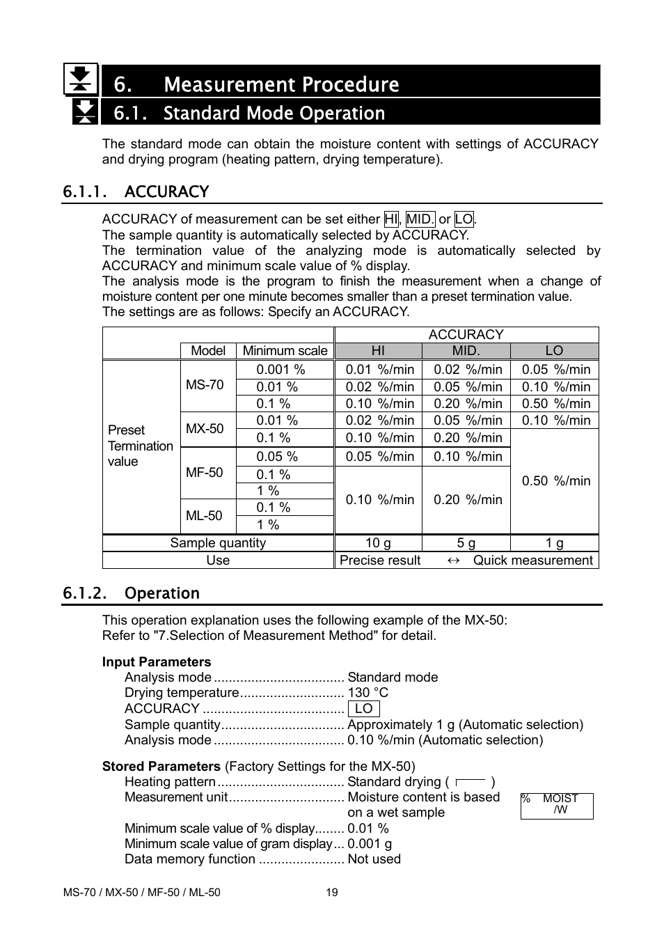 Measurement procedure, Standard mode operation | A&D ML-50 User Manual | Page 21 / 74