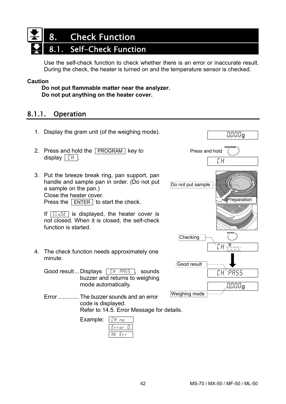 Check function, Self-check function, Operation | Ch pa55 | A&D ML-50 User Manual | Page 44 / 74