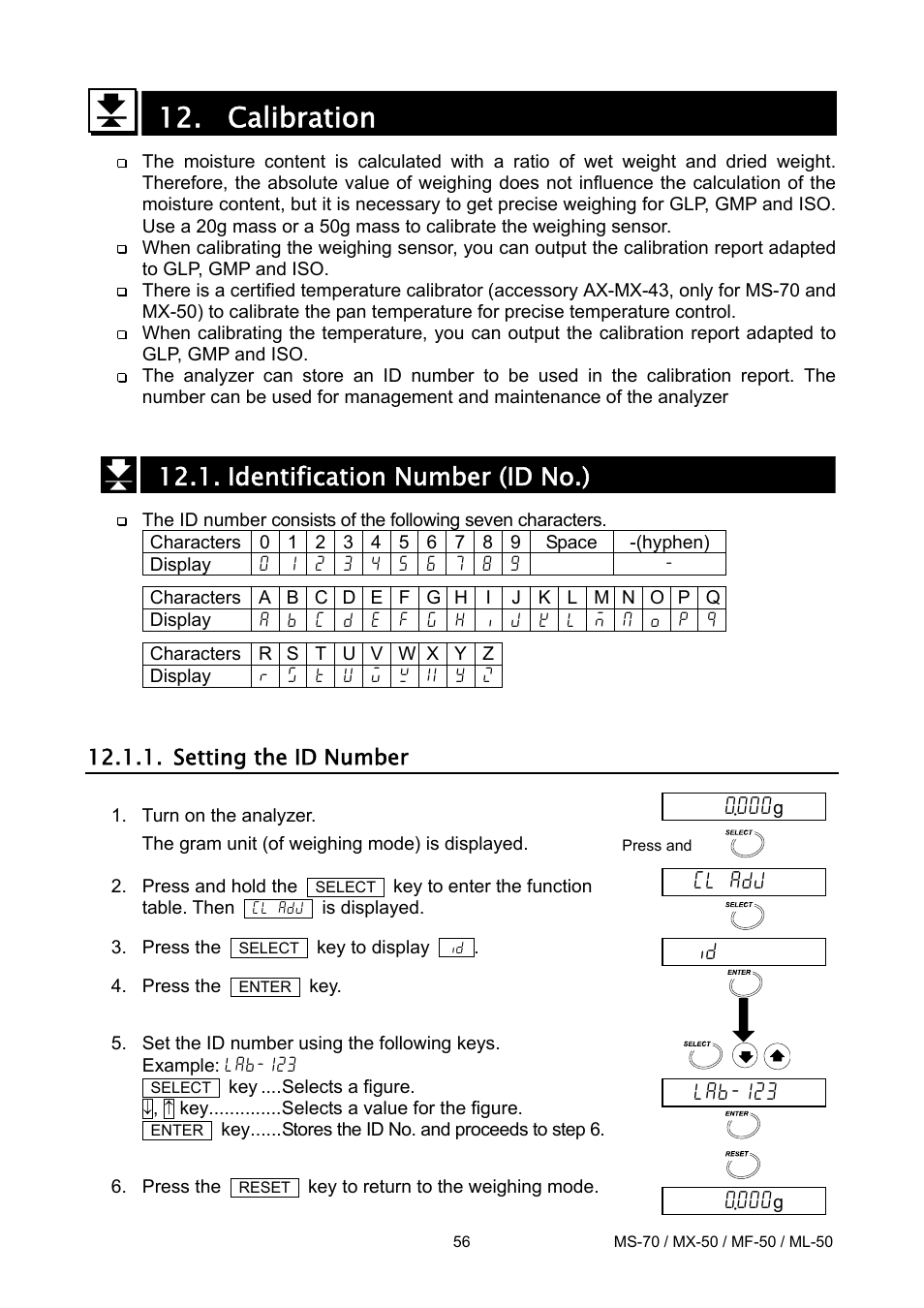 Calibration, Identification number (id no.), Setting the id number | Lab-123, Cl adj | A&D ML-50 User Manual | Page 58 / 74