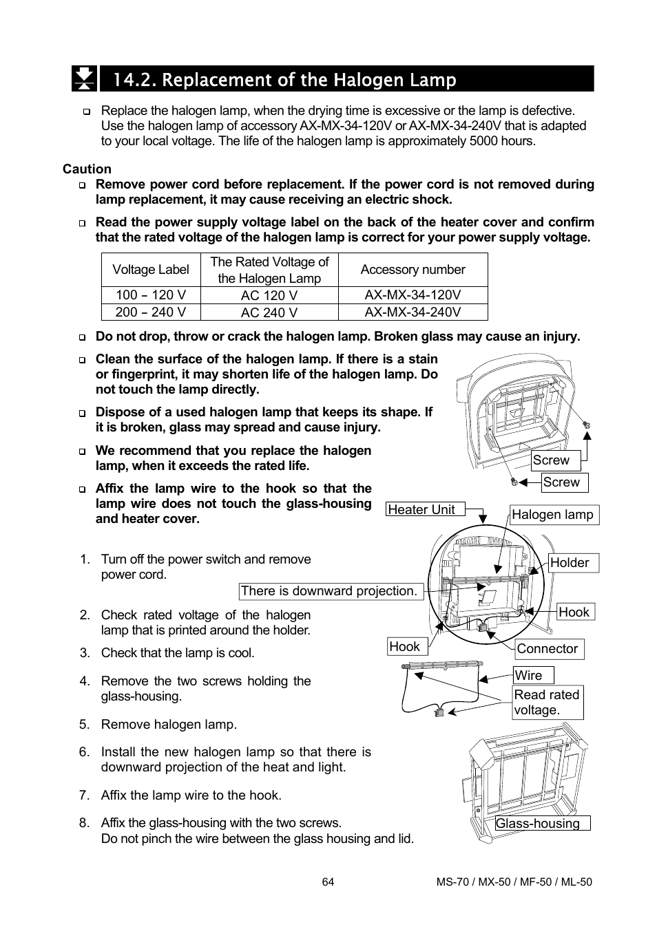 Replacement of the halogen lamp | A&D ML-50 User Manual | Page 66 / 74