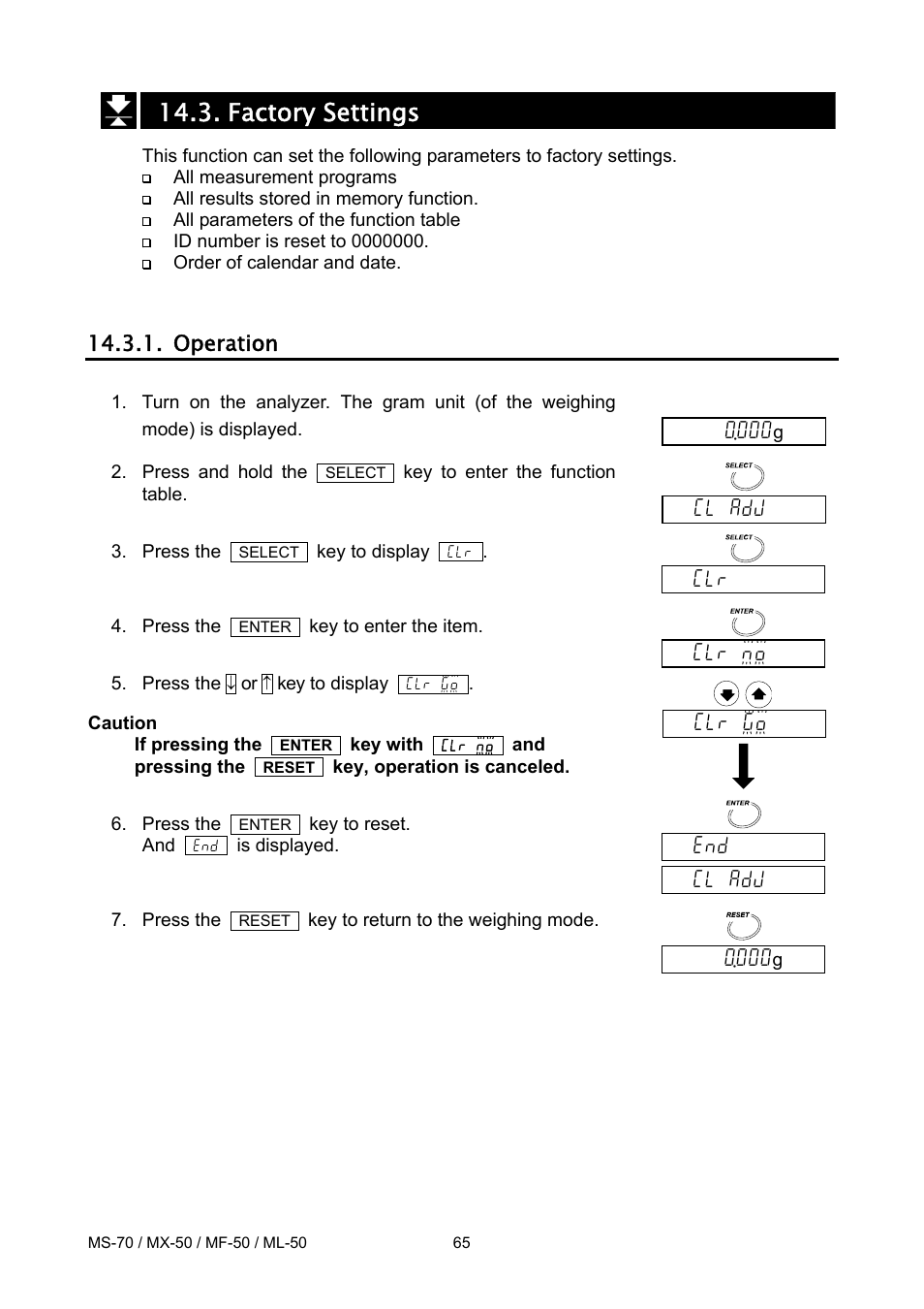 Factory settings, Operation, Cl adj | Clr "n"o, Clr "g"o | A&D ML-50 User Manual | Page 67 / 74