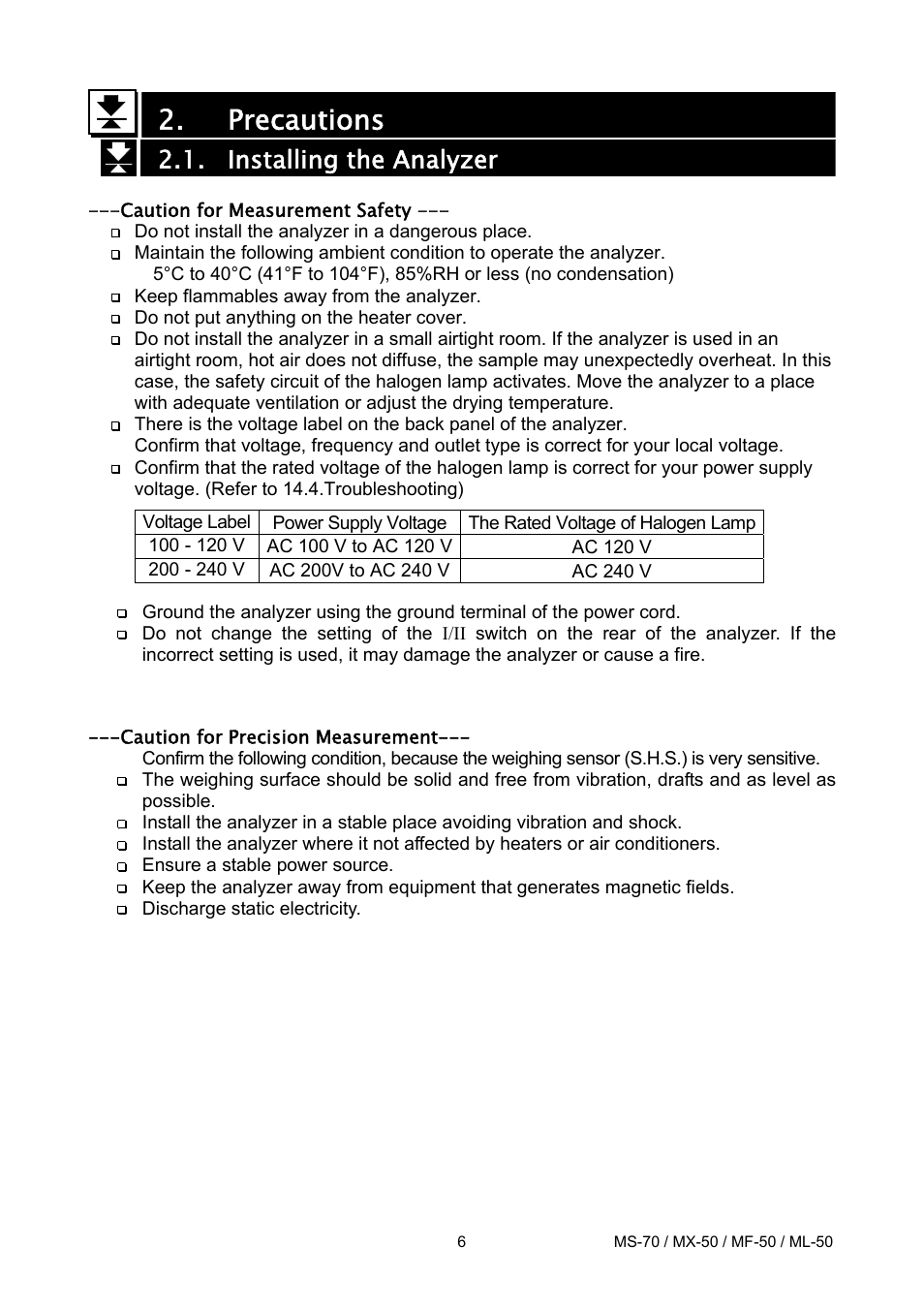 Precautions, Installing the analyzer | A&D ML-50 User Manual | Page 8 / 74
