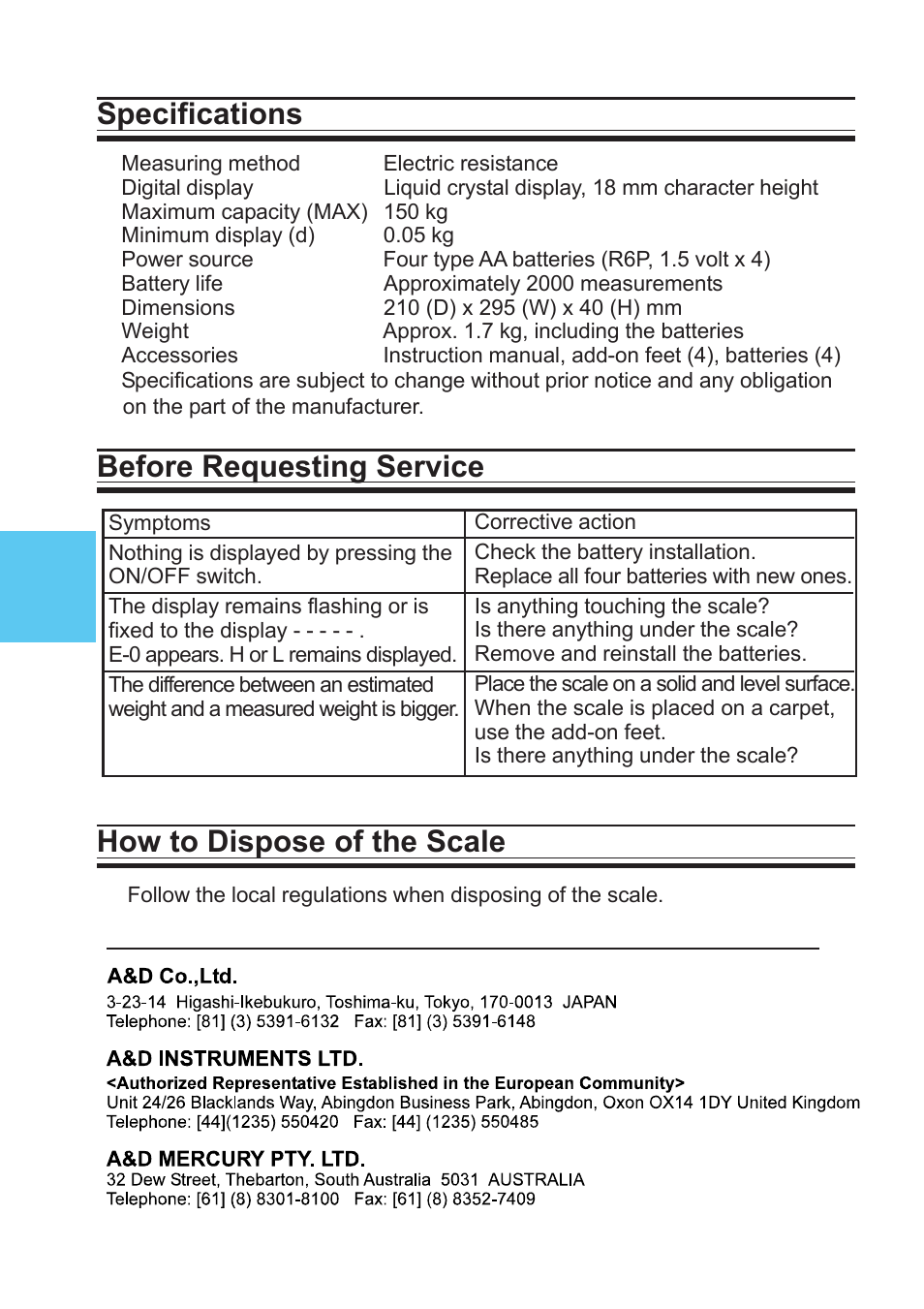 Specifications | A&D Precision Health Scale UC-322 User Manual | Page 12 / 12