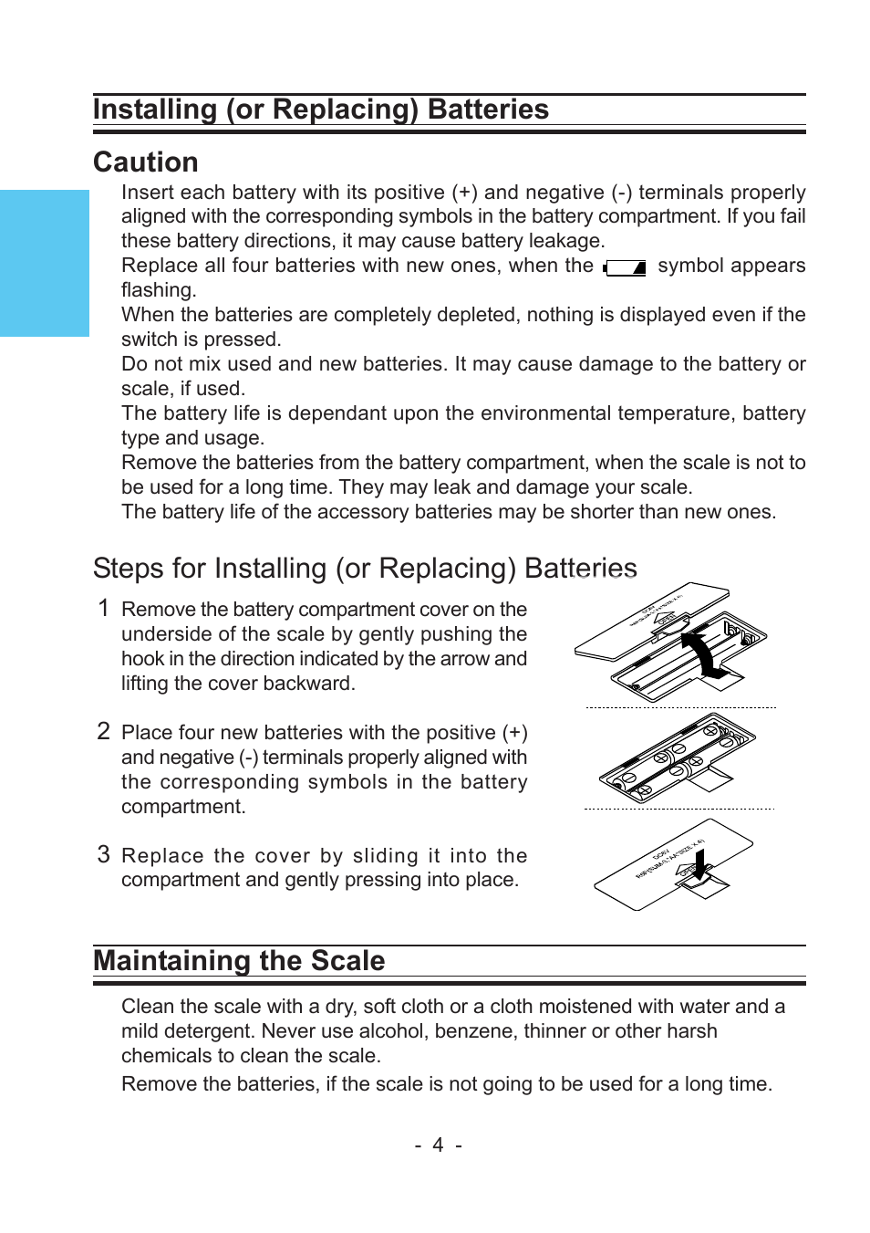 Installing (or replacing) batteries caution, Steps for installing (or replacing) batteries, Maintaining the scale | A&D Precision Health Scale UC-322 User Manual | Page 4 / 12