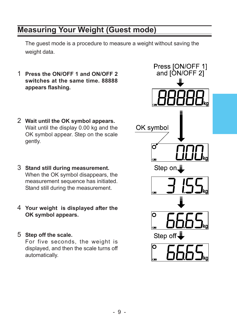 Measuring your weight (guest mode) | A&D Precision Health Scale UC-322 User Manual | Page 9 / 12