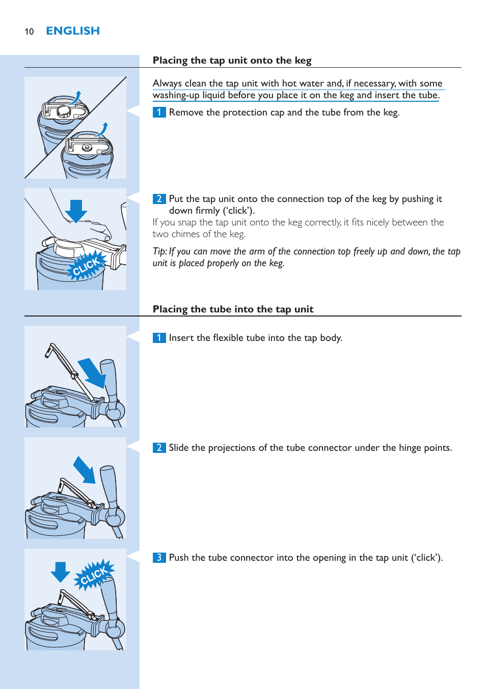 Placing the tap unit onto the keg, Placing the tube into the tap unit | Philips PerfectDraft Bierzapfanlage User Manual | Page 10 / 86