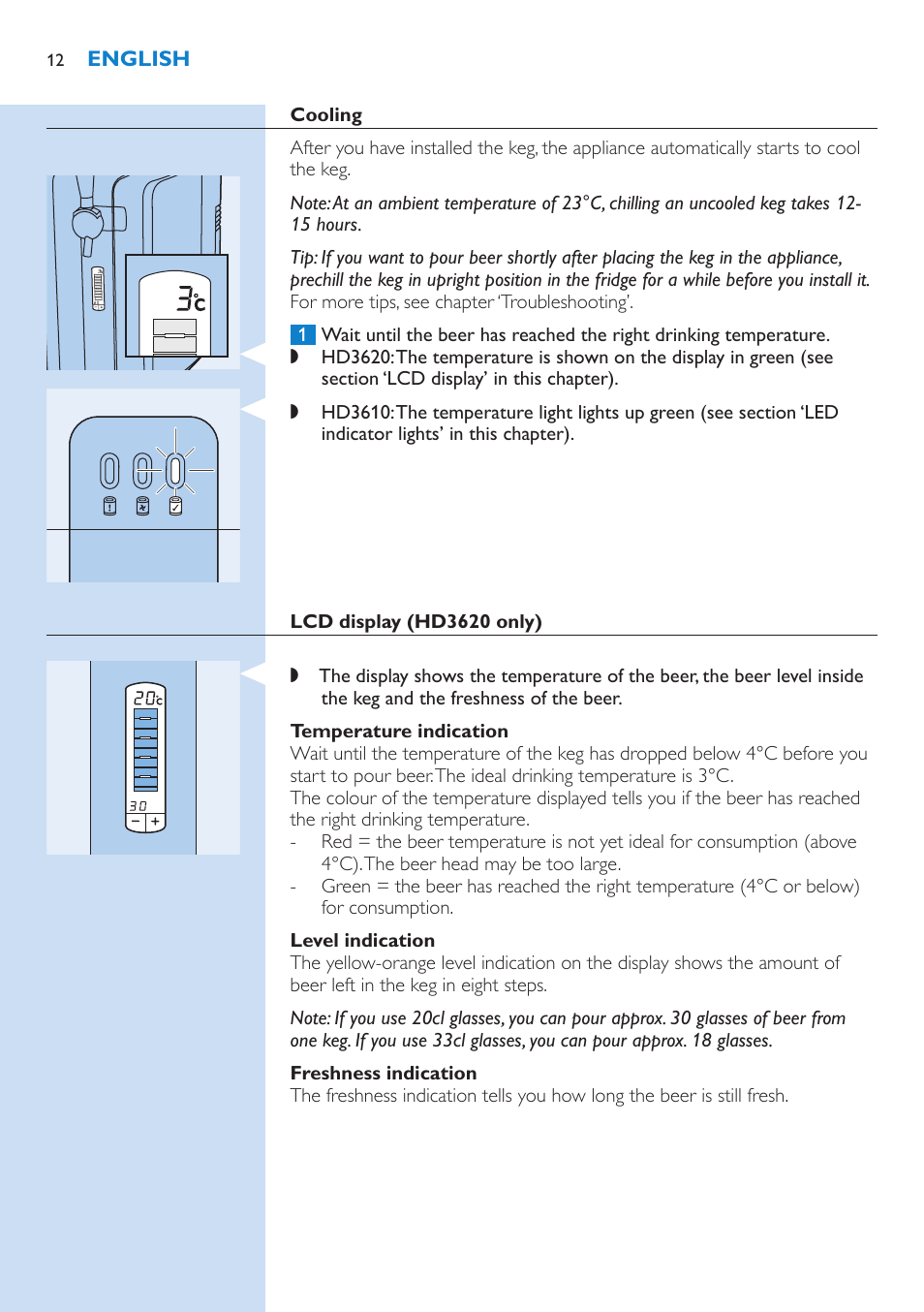 Cooling, Lcd display (hd3620 only), Temperature indication | Level indication, Freshness indication | Philips PerfectDraft Bierzapfanlage User Manual | Page 12 / 86