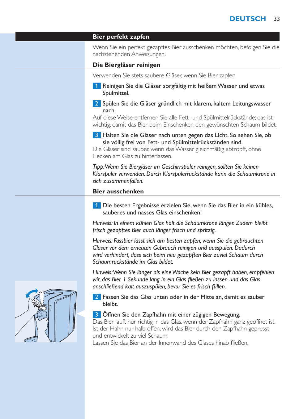 Bier perfekt zapfen, Die biergläser reinigen, Bier ausschenken | Philips PerfectDraft Bierzapfanlage User Manual | Page 33 / 86