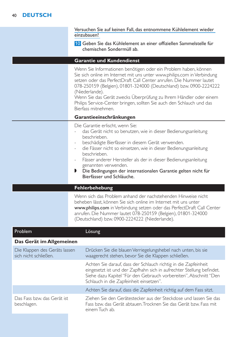 Garantie und kundendienst, Garantieeinschränkungen, Fehlerbehebung | Philips PerfectDraft Bierzapfanlage User Manual | Page 40 / 86