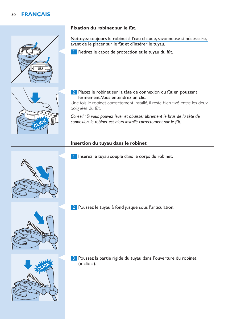 Fixation du robinet sur le fût, Insertion du tuyau dans le robinet | Philips PerfectDraft Bierzapfanlage User Manual | Page 50 / 86