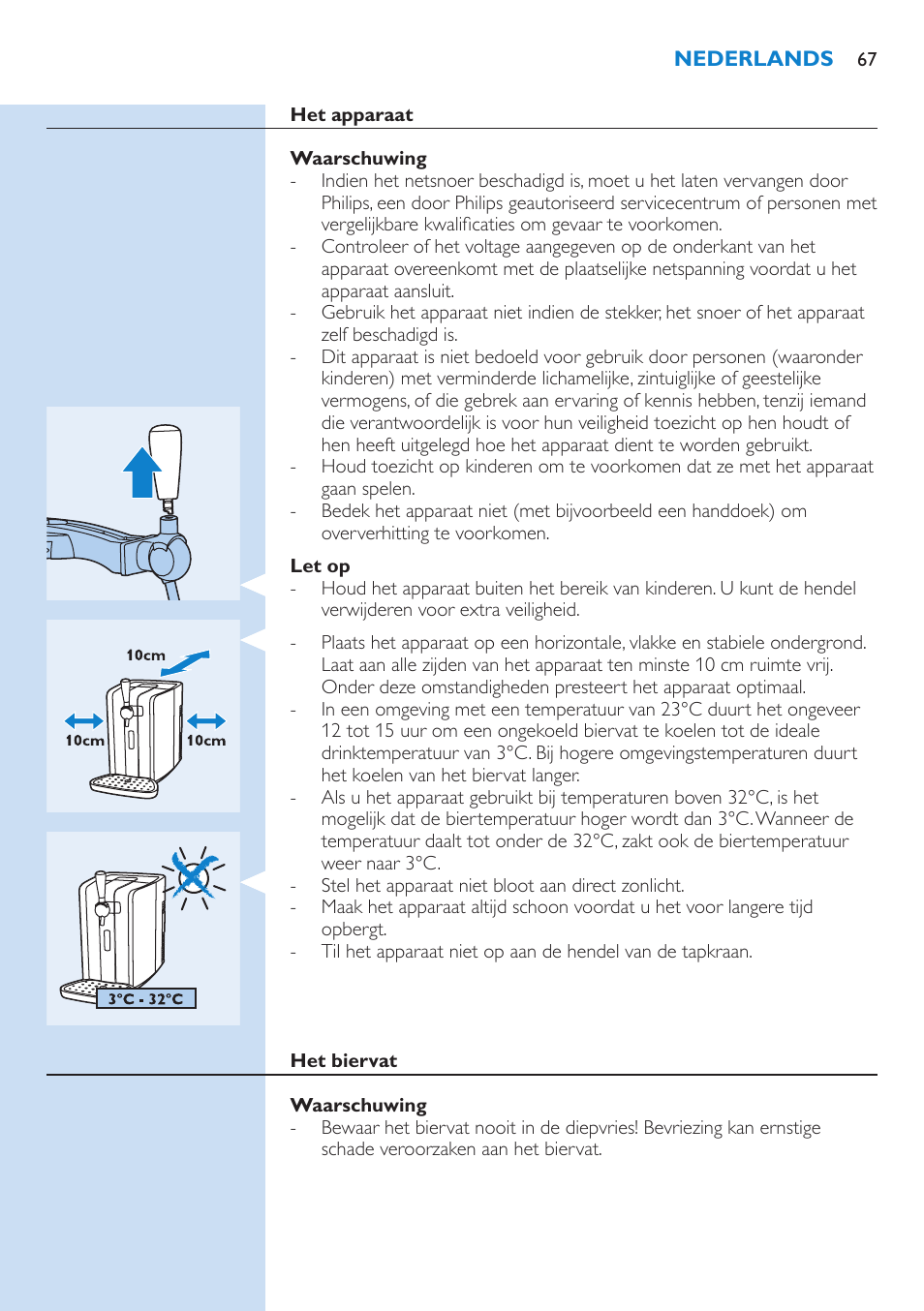 Belangrijk, Het apparaat, Waarschuwing | Let op, Het biervat | Philips PerfectDraft Bierzapfanlage User Manual | Page 67 / 86