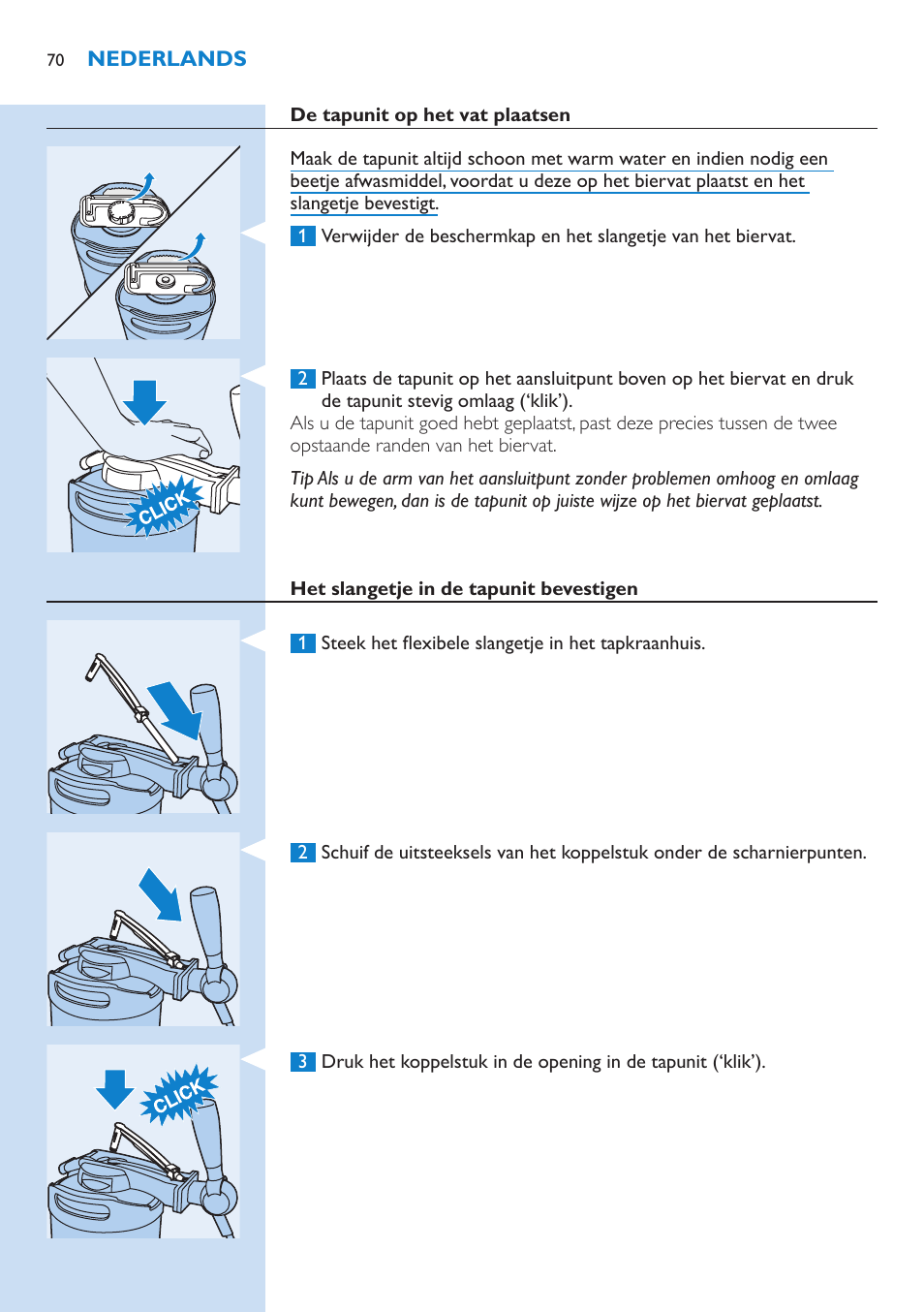 De tapunit op het vat plaatsen, Het slangetje in de tapunit bevestigen | Philips PerfectDraft Bierzapfanlage User Manual | Page 70 / 86