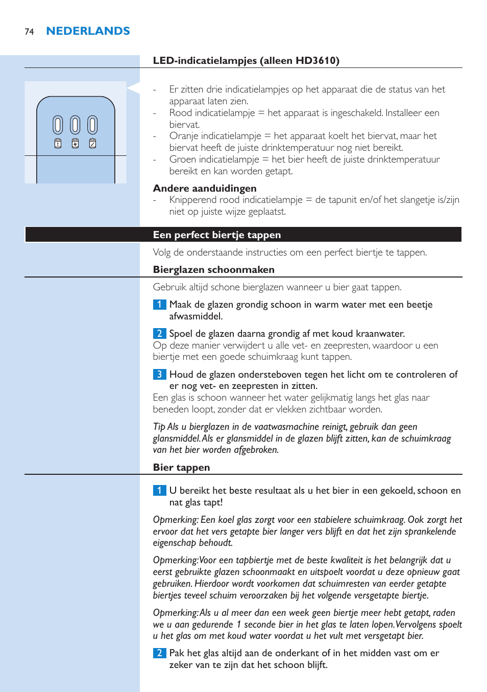 Led-indicatielampjes (alleen hd3610), Andere aanduidingen, Een perfect biertje tappen | Bierglazen schoonmaken, Bier tappen | Philips PerfectDraft Bierzapfanlage User Manual | Page 74 / 86