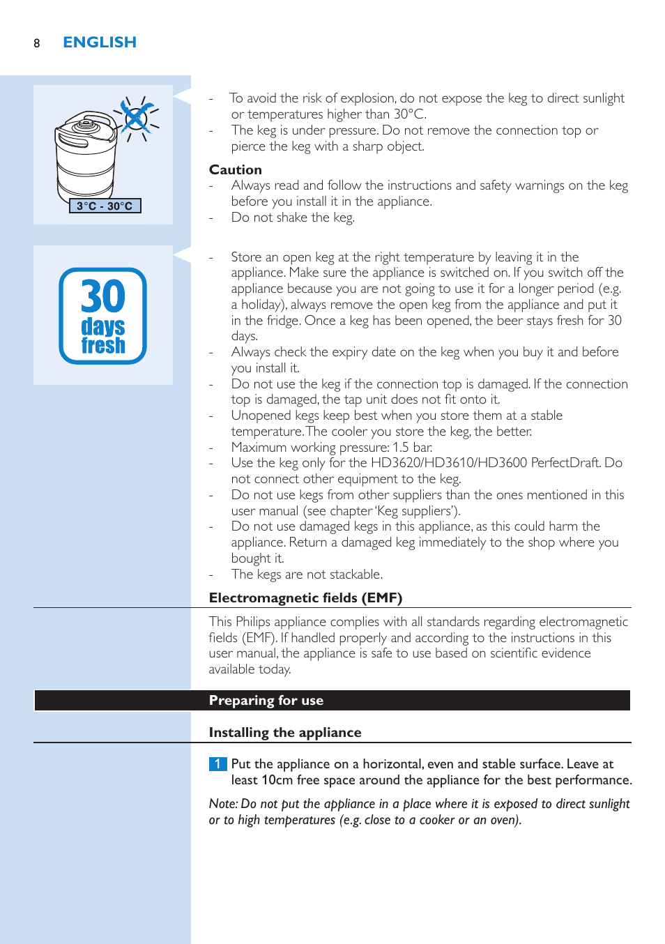 Caution, Electromagnetic fields (emf), Preparing for use | Installing the appliance | Philips PerfectDraft Bierzapfanlage User Manual | Page 8 / 86