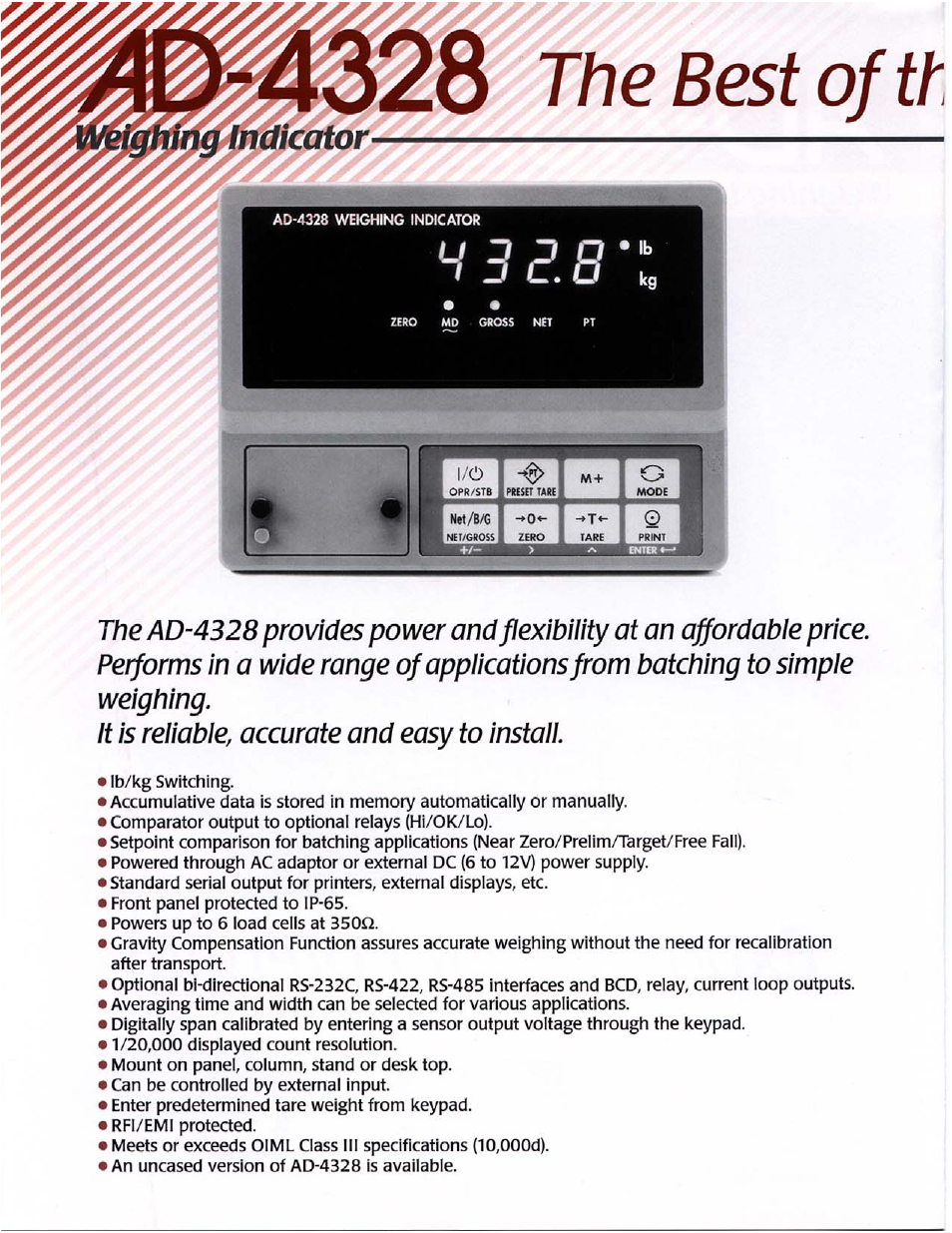It is reliable, accurate and easy to install, The best of tt | A&D Weighing Indicator AD-4328 User Manual | Page 2 / 4