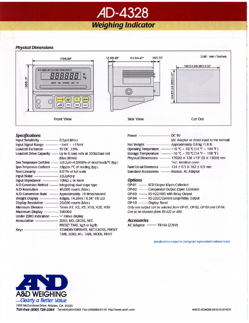 Q© gd, Weighing indicator, A&o weighing | Clearly a better value | A&D Weighing Indicator AD-4328 User Manual | Page 4 / 4