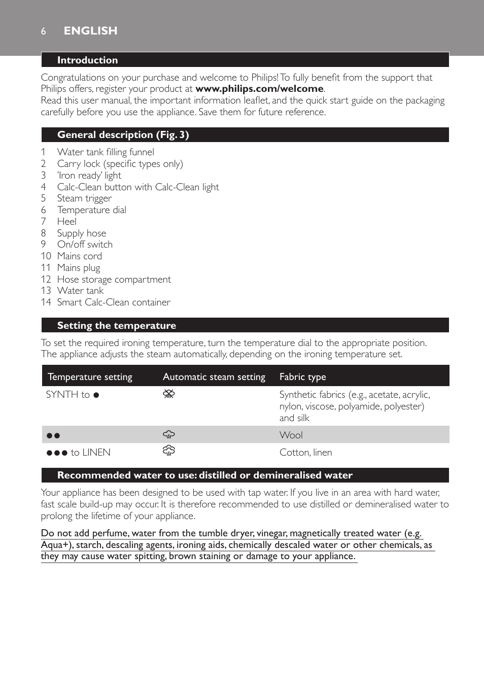 English | Philips Dampfbügelstation User Manual | Page 6 / 36