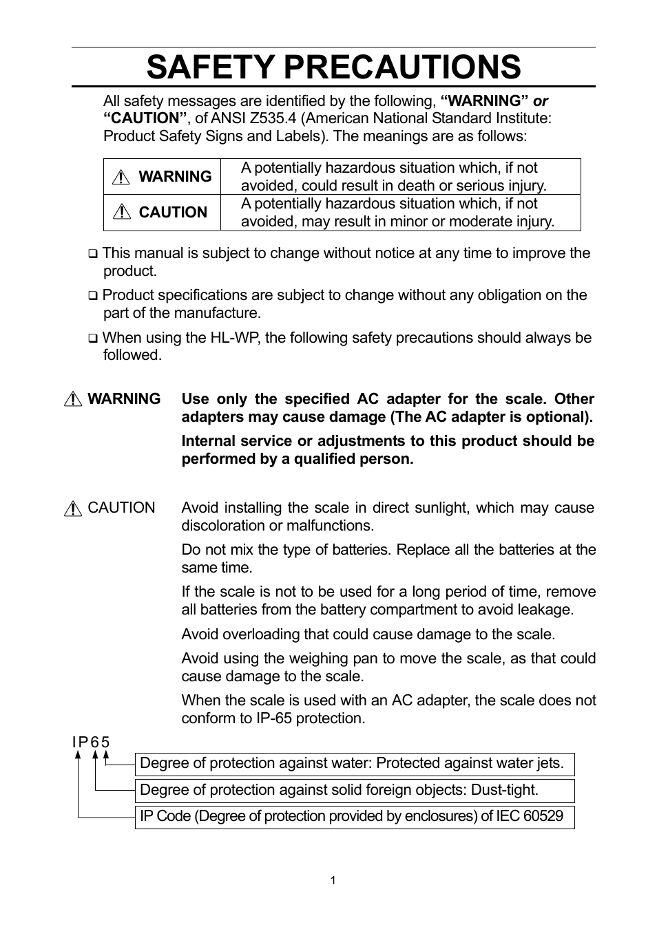 Safety precautions | A&D Digital Scale HL-1000WP User Manual | Page 2 / 9