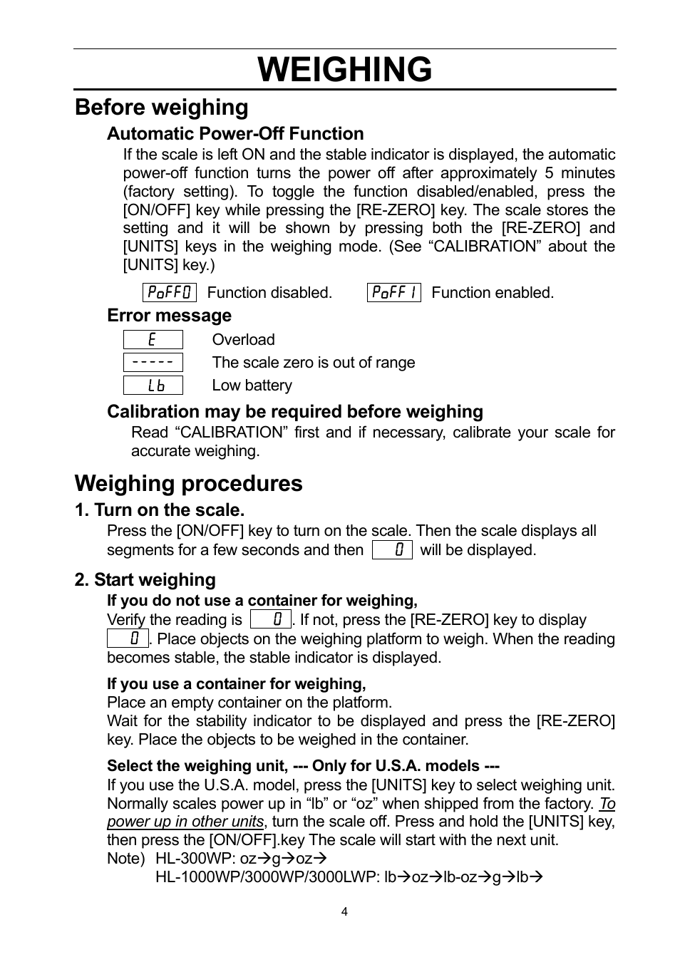 Weighing, Before weighing, Weighing procedures | A&D Digital Scale HL-1000WP User Manual | Page 5 / 9