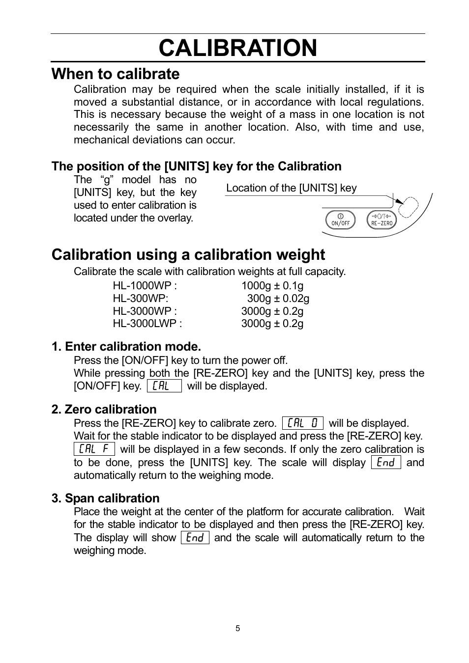 Calibration, When to calibrate, Calibration using a calibration weight | A&D Digital Scale HL-1000WP User Manual | Page 6 / 9