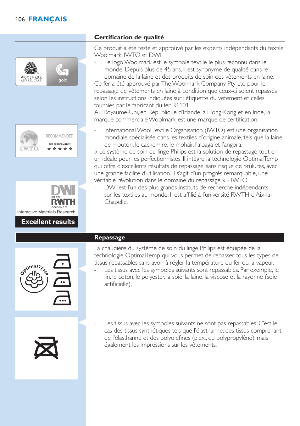 Repassage 106 | Philips WardrobeCare Inklusive Bügelbrett User Manual | Page 106 / 218