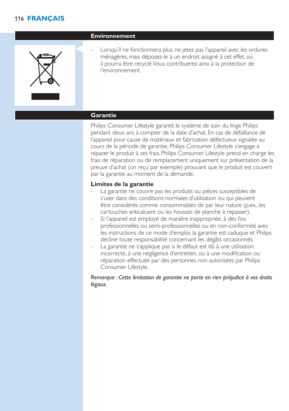 Environnement 116, Garantie 116 | Philips WardrobeCare Inklusive Bügelbrett User Manual | Page 116 / 218