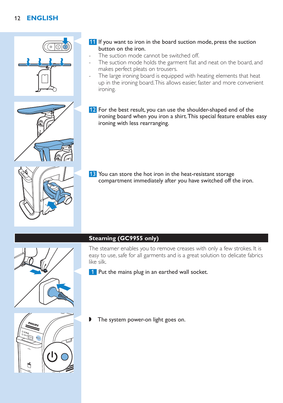 Steaming (gc9955 only) 12, English | Philips WardrobeCare Inklusive Bügelbrett User Manual | Page 12 / 218