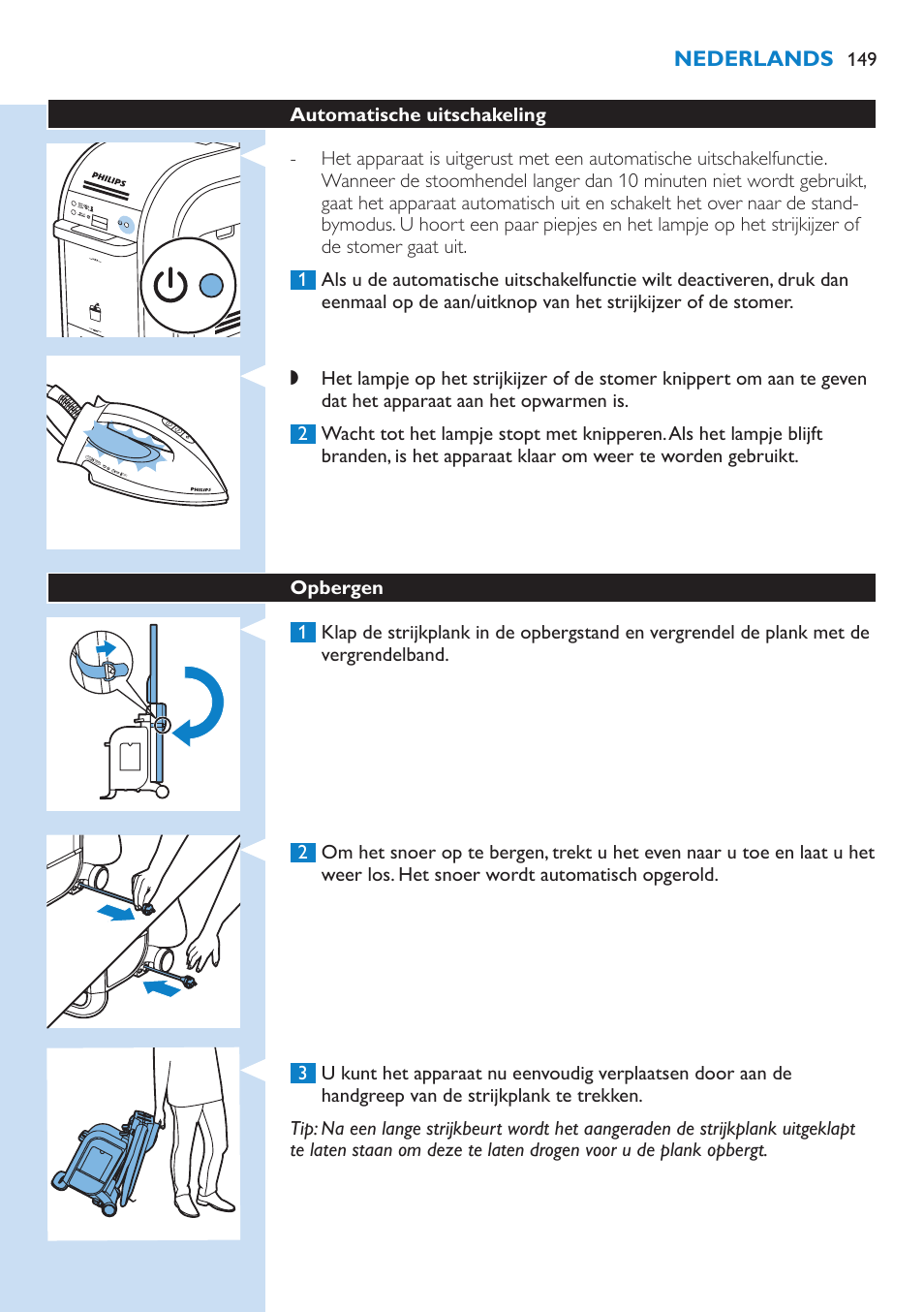 Automatische uitschakeling 149, Opbergen 149 | Philips WardrobeCare Inklusive Bügelbrett User Manual | Page 149 / 218