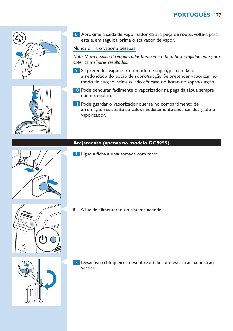 Arejamento (apenas no modelo gc9955) 177 | Philips WardrobeCare Inklusive Bügelbrett User Manual | Page 177 / 218