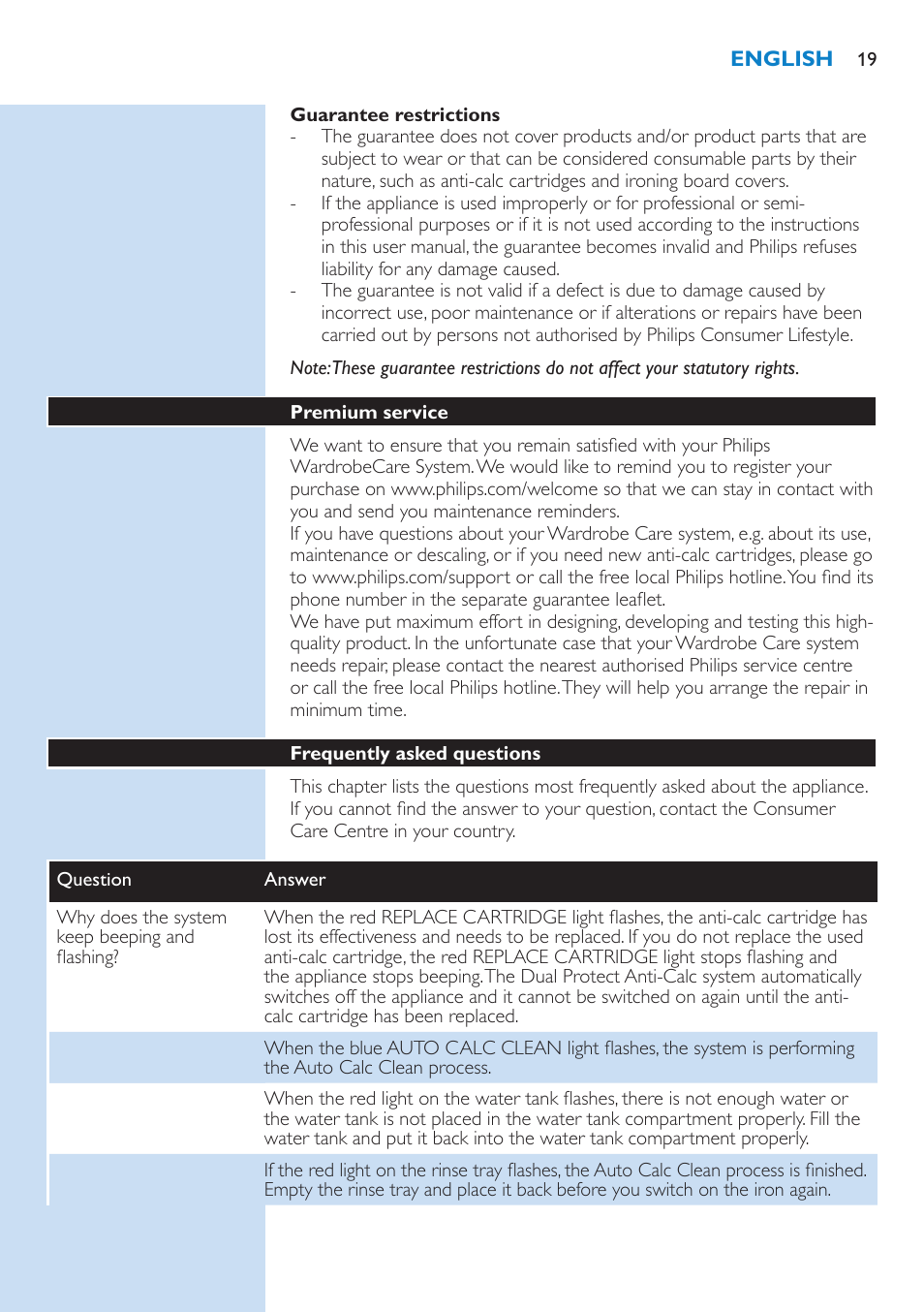 Premium service 19, Frequently asked questions 19 | Philips WardrobeCare Inklusive Bügelbrett User Manual | Page 19 / 218