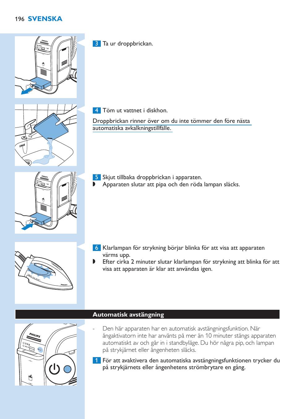 Automatisk avstängning 196 | Philips WardrobeCare Inklusive Bügelbrett User Manual | Page 196 / 218