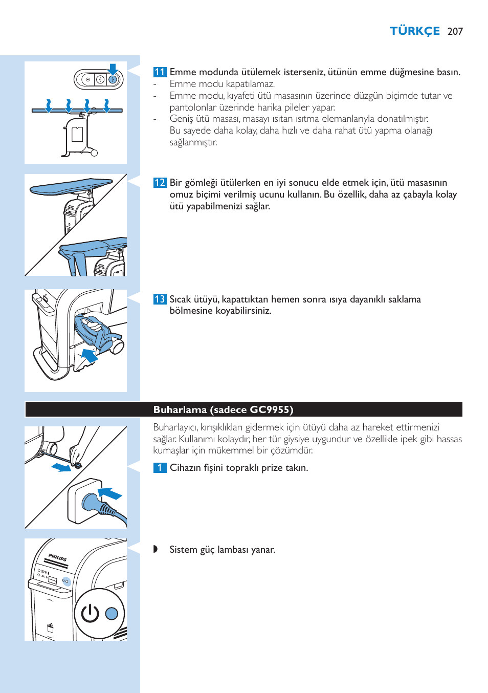 Buharlama (sadece gc9955) 207, Türkçe | Philips WardrobeCare Inklusive Bügelbrett User Manual | Page 207 / 218