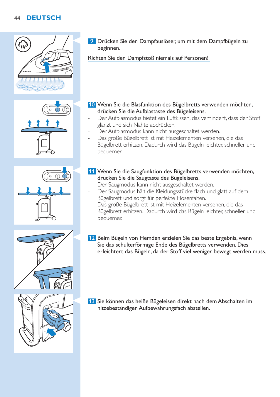 Deutsch | Philips WardrobeCare Inklusive Bügelbrett User Manual | Page 44 / 218