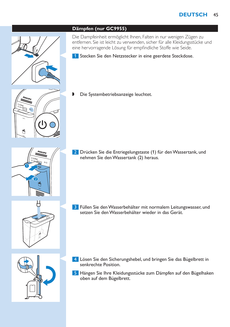 Dämpfen (nur gc9955) 45 | Philips WardrobeCare Inklusive Bügelbrett User Manual | Page 45 / 218