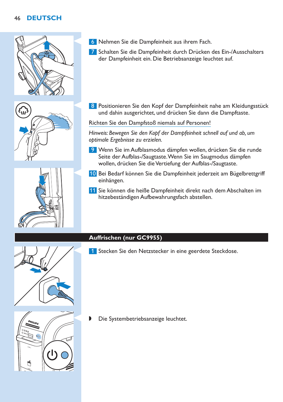 Auffrischen (nur gc9955) 46 | Philips WardrobeCare Inklusive Bügelbrett User Manual | Page 46 / 218