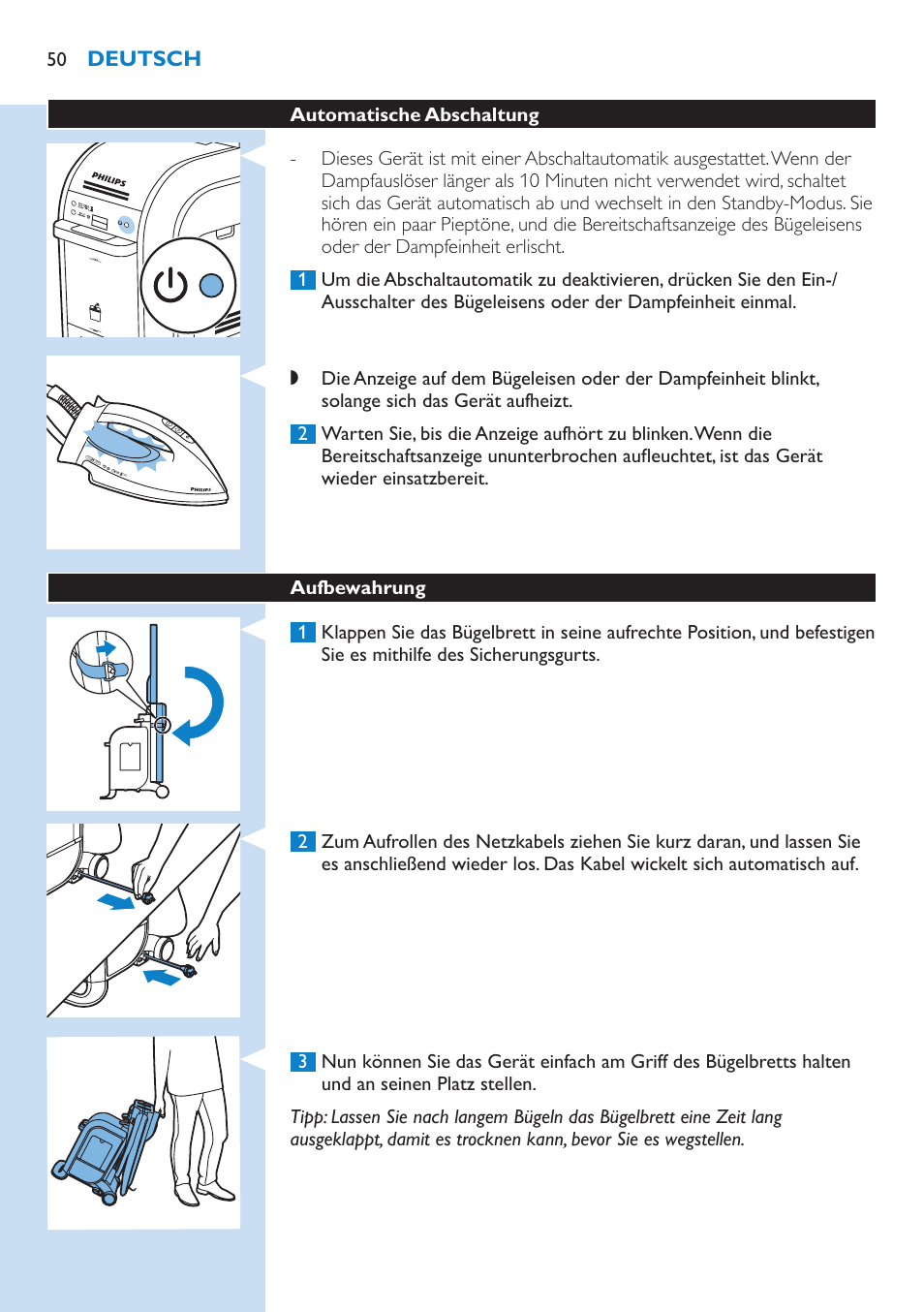 Automatische abschaltung 50, Aufbewahrung 50 | Philips WardrobeCare Inklusive Bügelbrett User Manual | Page 50 / 218