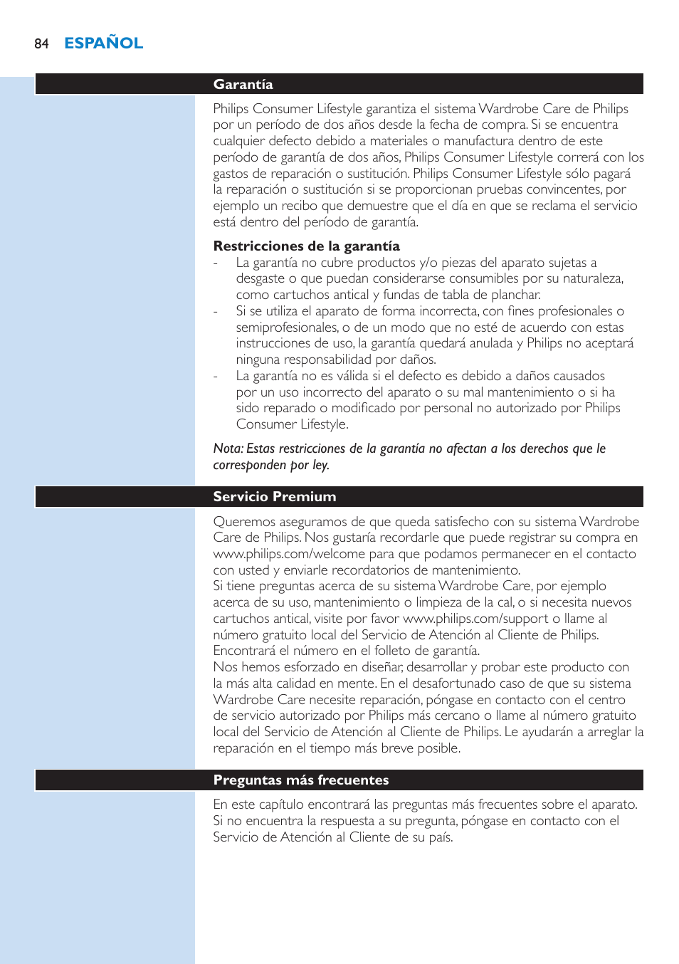 Garantía 84, Servicio premium 84, Preguntas más frecuentes 84 | Philips WardrobeCare Inklusive Bügelbrett User Manual | Page 84 / 218