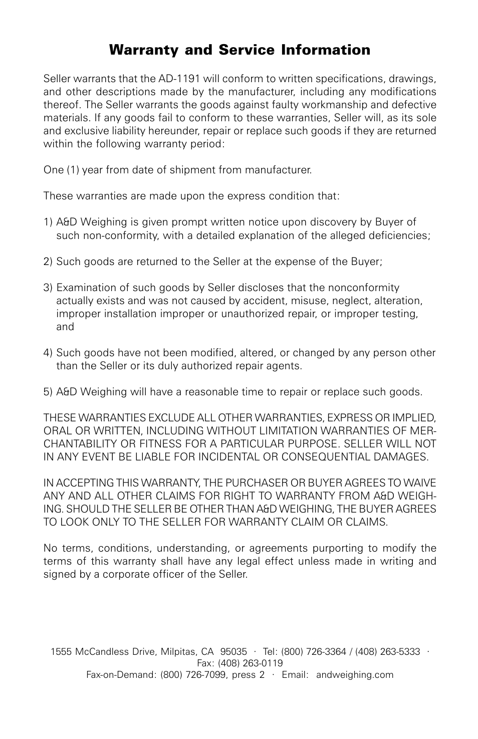 Warranty and service information | A&D 191 User Manual | Page 33 / 34